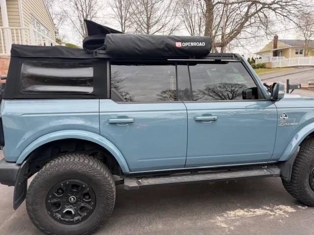 Ford Bronco Shower awning installed on my soft top with an Xrack side rail awn1