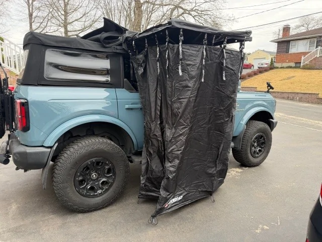 Ford Bronco Shower awning installed on my soft top with an Xrack side rail awn2