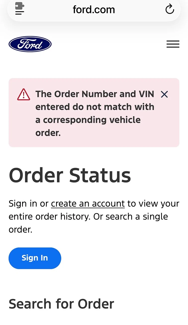 Ford Bronco Error Message on the Ford order tracking Website IMG_0829