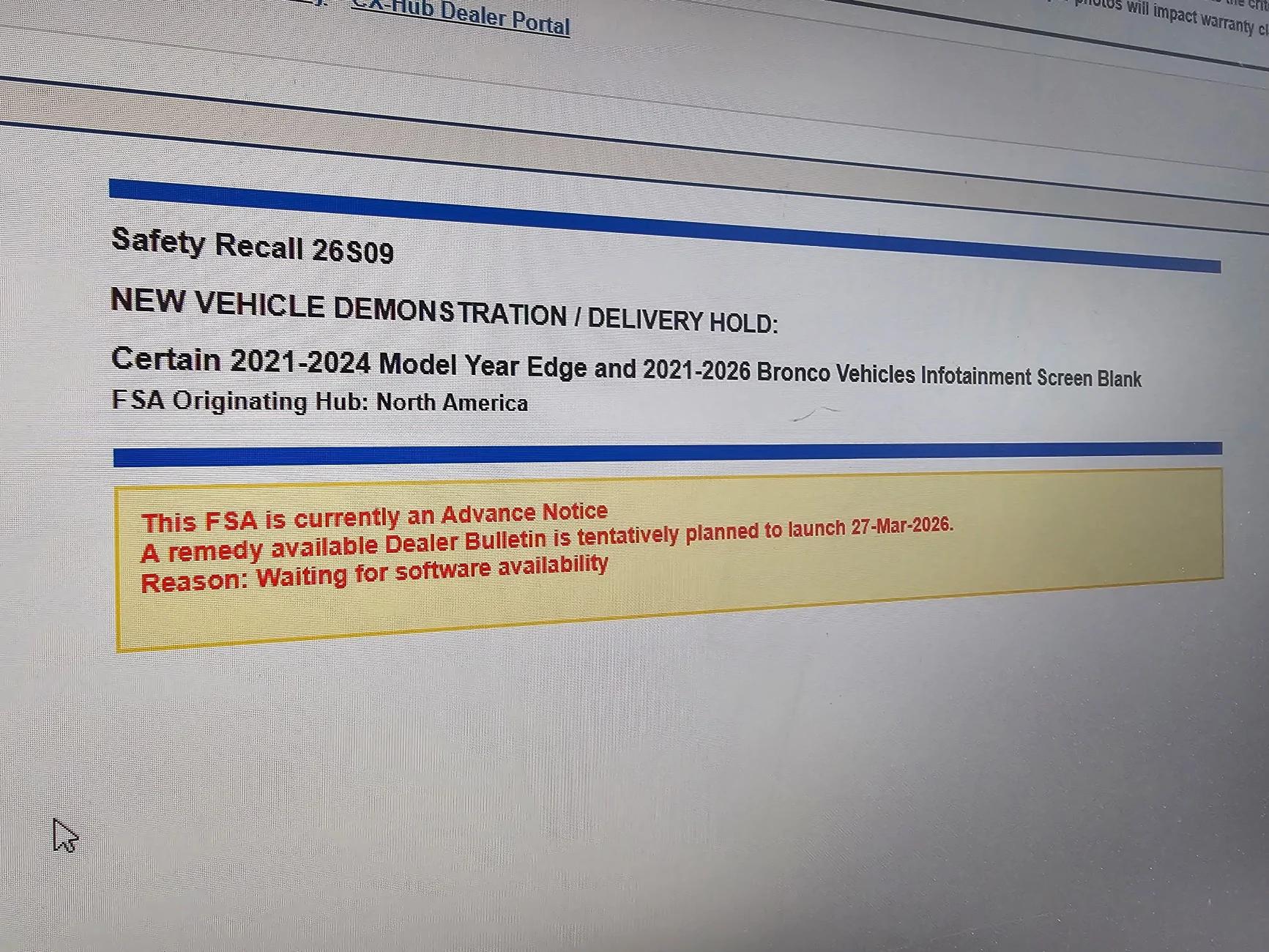 Ford Bronco Infotainment screen recall #26S09 (Infotainment Screen Blank) - 3/5/26 648374550510550612