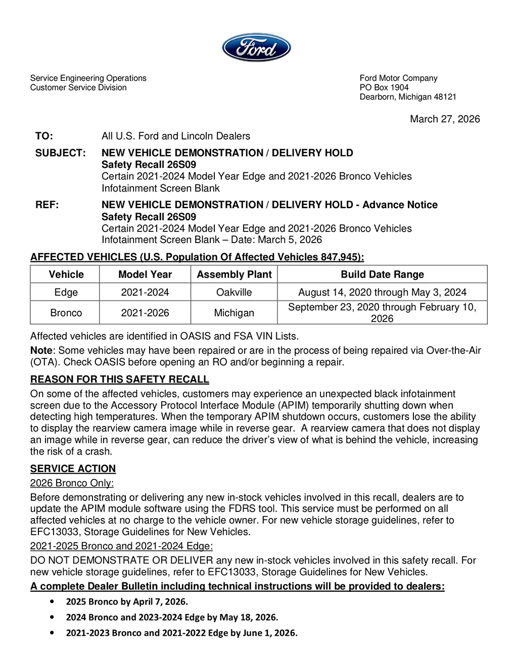 Ford Bronco Infotainment screen recall #26S09 (Infotainment Screen Blank) - 3/5/26 IMG_0267