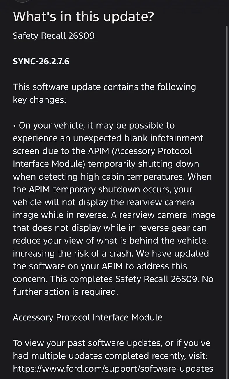 Ford Bronco Infotainment screen recall #26S09 (Infotainment Screen Blank) - 3/5/26 IMG_2522