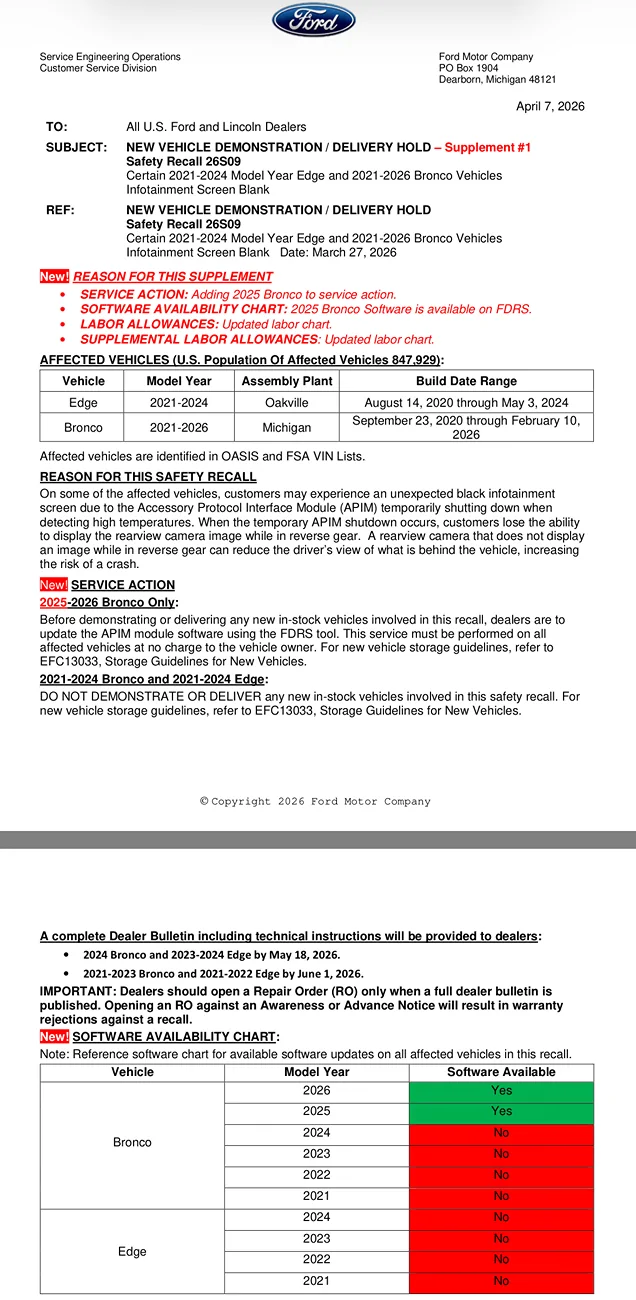 Ford Bronco Infotainment screen recall #26S09 (Infotainment Screen Blank) - 3/5/26 IMG_0399
