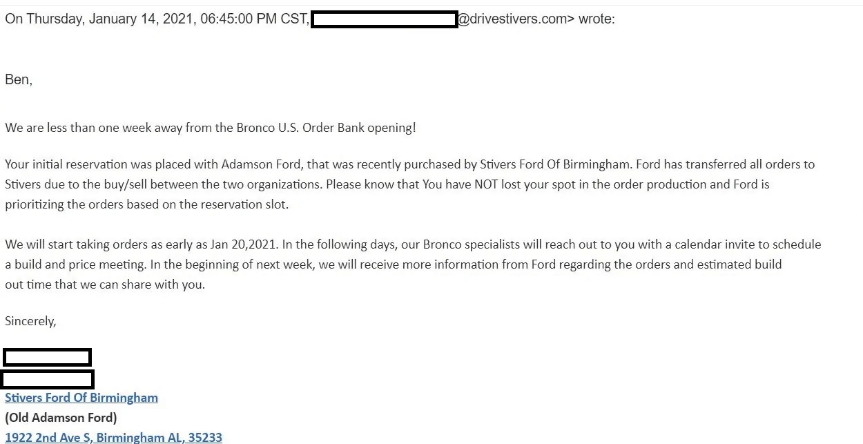 Ford Bronco Deposit returned???? 1611014686754