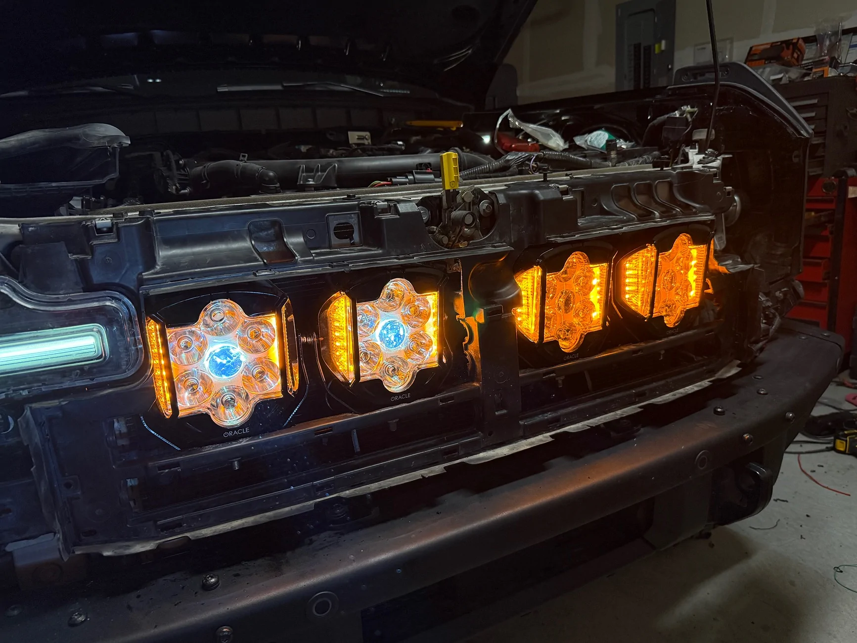 Ford Bronco Baja Designs Onyx6 10” light bars mounted behind the grill IMG_9170