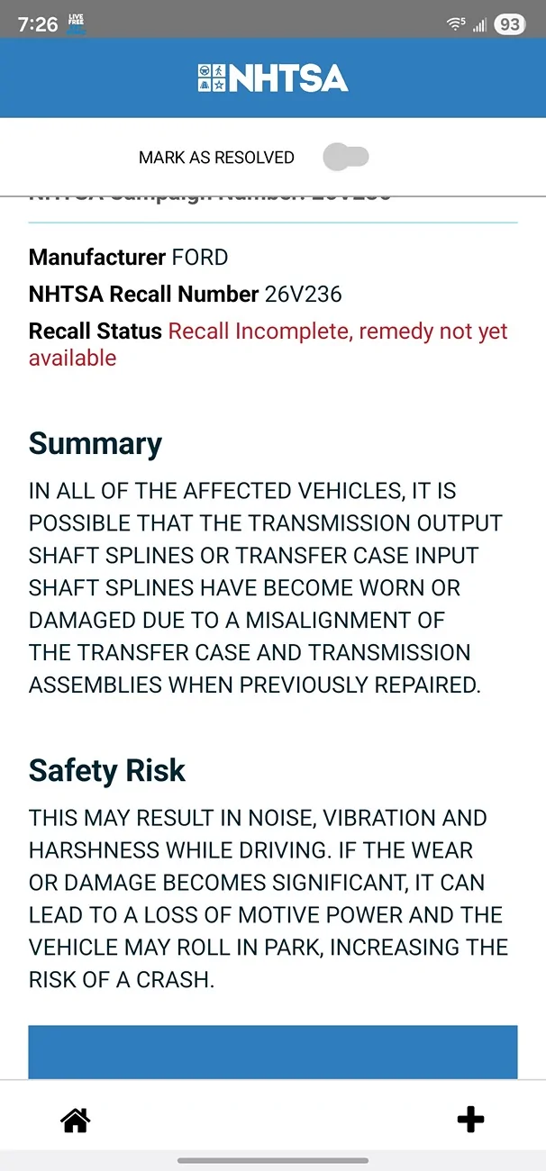 Ford Bronco New recall (26V236)? POSSIBLE THAT THE TRANSMISSION OUTPUT SHAFT SPLINES OR TRANSFER CASE INPUT SHAFT SPLINES HAVE BECOME WORN OR DAMAGED Screenshot_20260417_072605_SaferCar