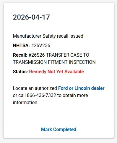 Ford Bronco New recall (26V236)? POSSIBLE THAT THE TRANSMISSION OUTPUT SHAFT SPLINES OR TRANSFER CASE INPUT SHAFT SPLINES HAVE BECOME WORN OR DAMAGED recall