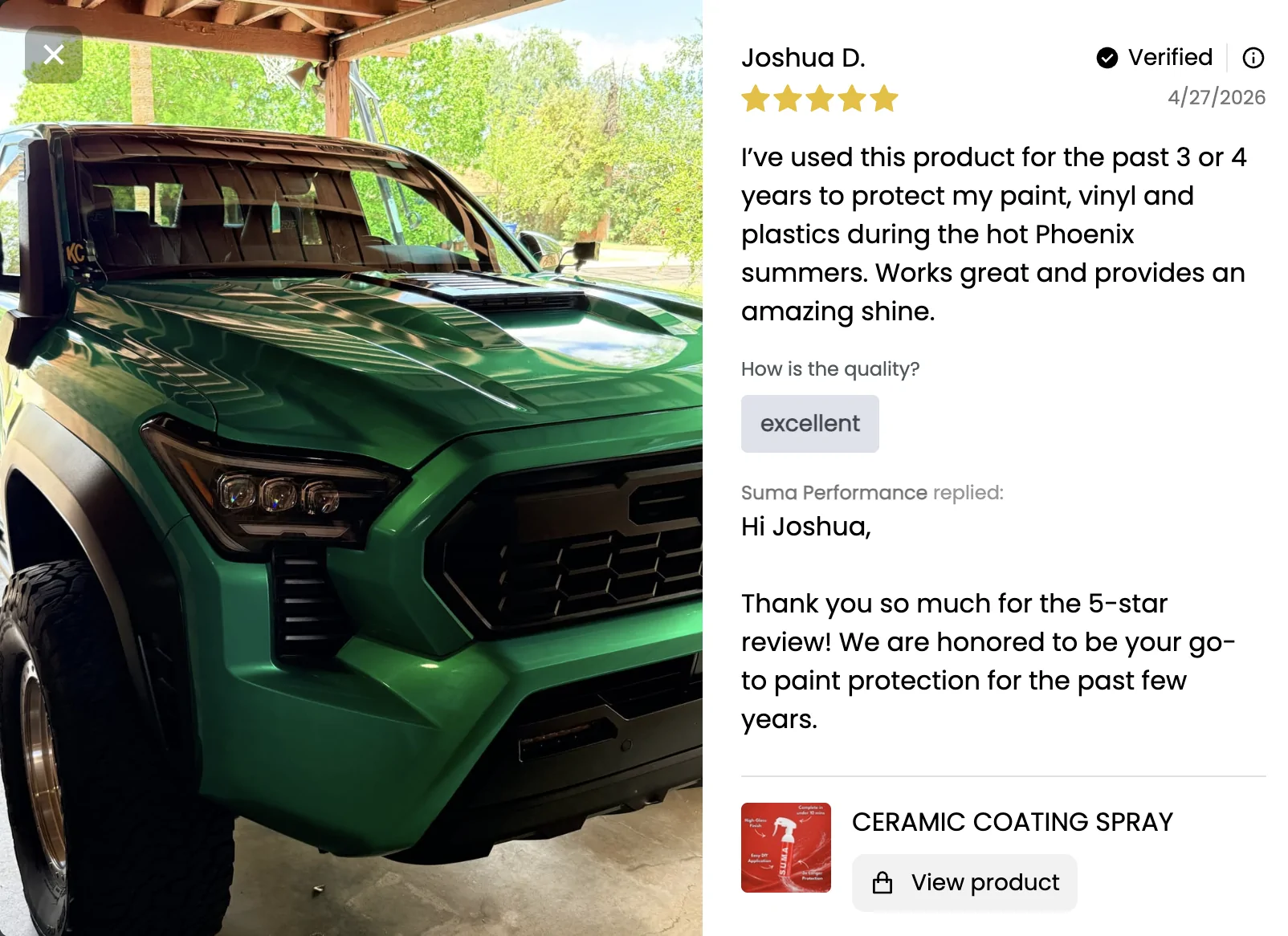Ford Bronco Customer Spotlight: 3 to 4 Years Using Suma Ceramic Spray in Phoenix Heat Screenshot 2026-04-28 at 2.03.30 PM