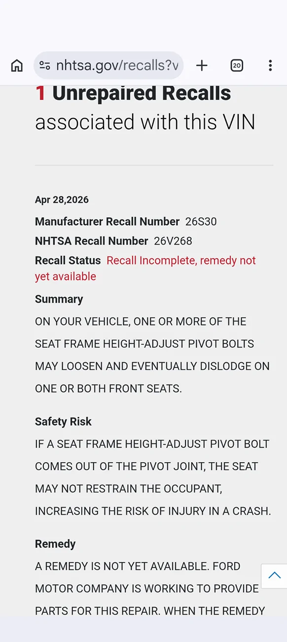 Ford Bronco Ford Recall 26S30 -- Loose Front Seat Bolts in 2024-2026 Bronco Screenshot_20260502-105221