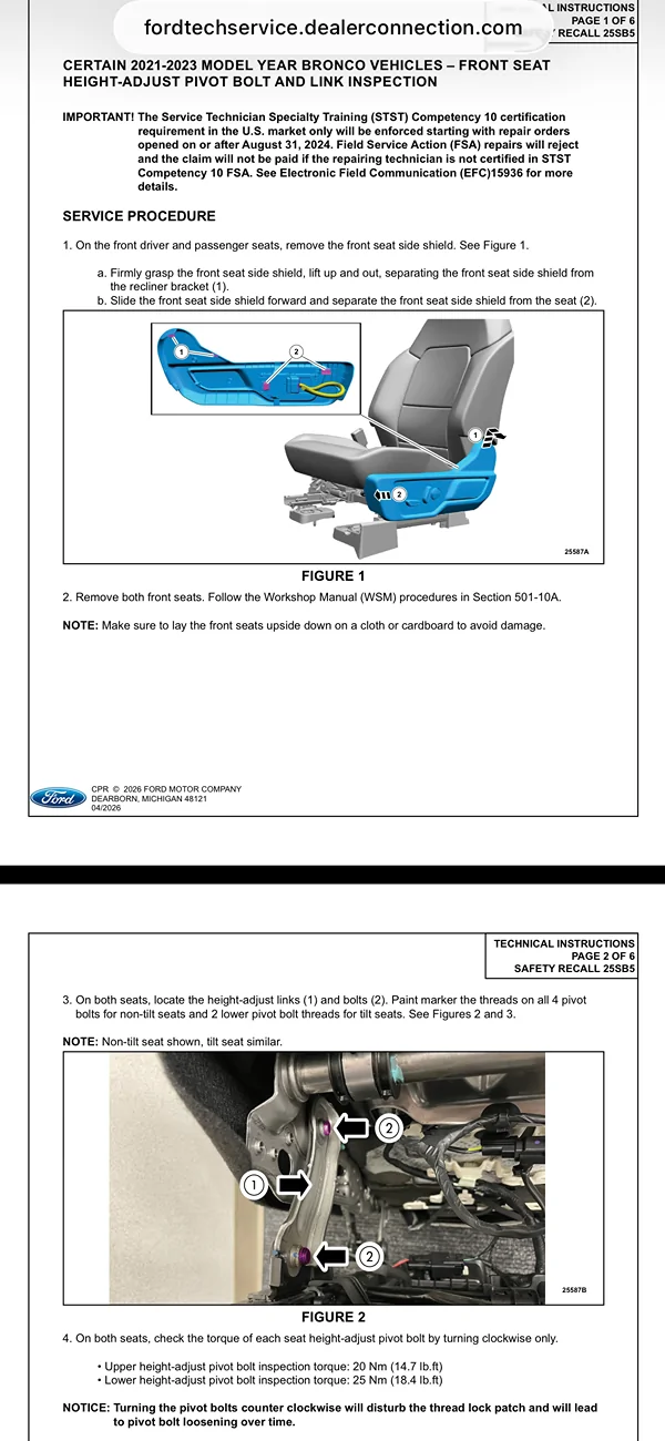 Ford Bronco Ford Recall 26S30 -- Loose Front Seat Bolts in 2024-2026 Bronco IMG_0850