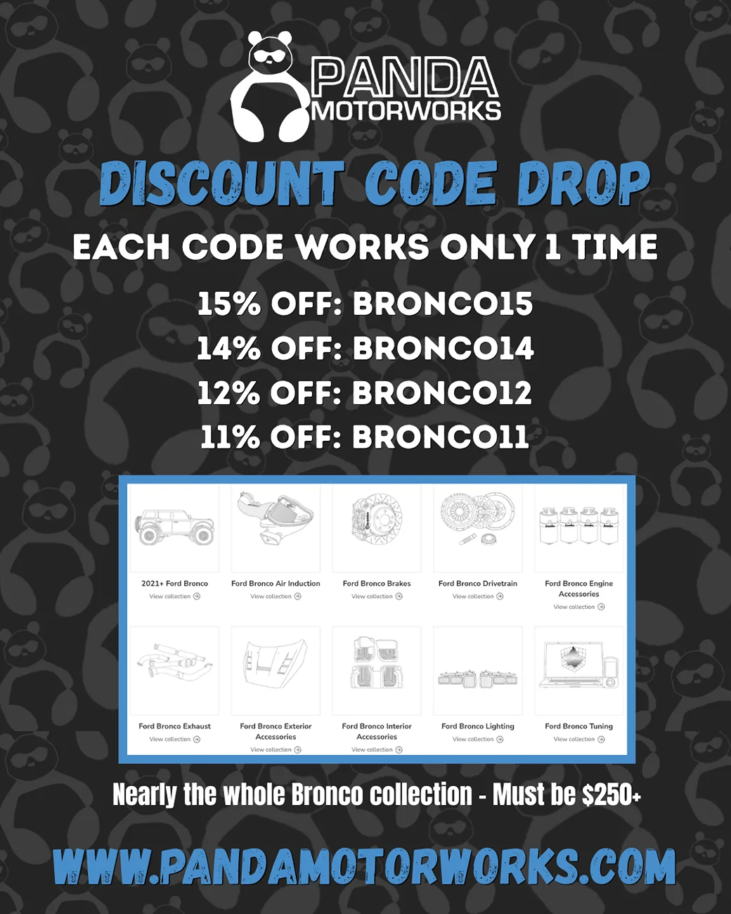 Ford Bronco 4 One-Time Discount Codes (First Come, First Serve) at Panda Motorworks! Discount Code Drop Bronco