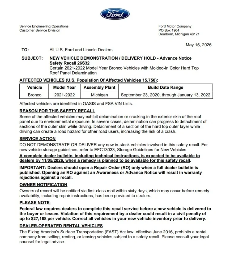 Ford Bronco MIC top delaminating? Ford Bronco 2021-2022 - Safety Recall 26S32