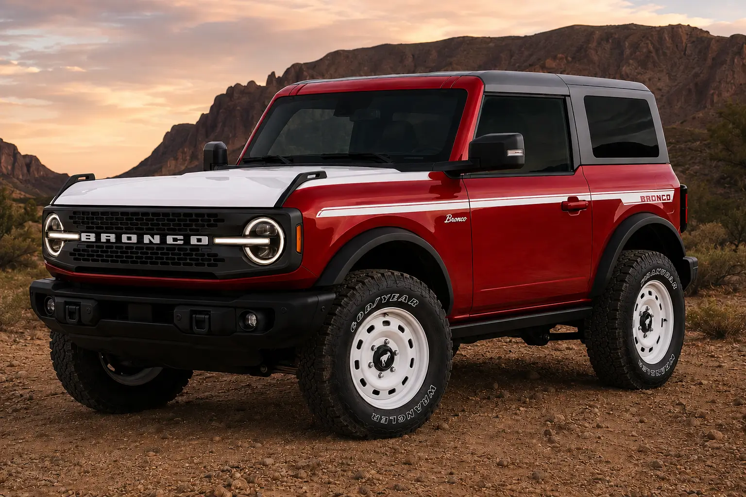 Ford Bronco A WHITE HOOD ON A RUBY RED TWO DOOR 1779245549485-jo