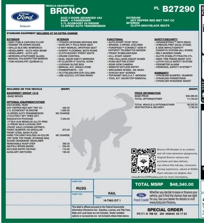 Ford Bronco 2023 Bronco 2 door V6 Twin Turbo SAS Package less than 12k miles. IMG-20260515-WA0078