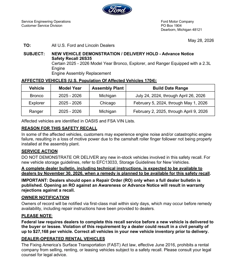 Ford Ranger Recall 26S35: 2025-2026 Ranger 2.3L Engine Assembly Replacement [May 28, 2026] {filename}