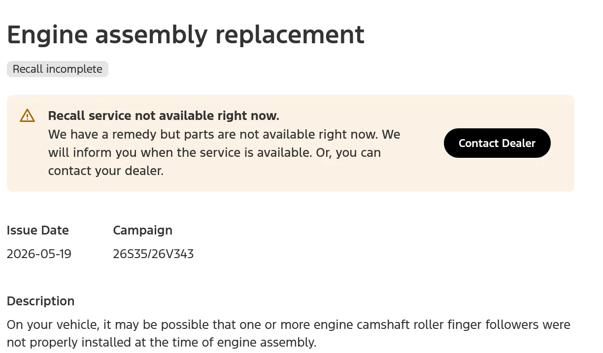 Ford Bronco Recall 26S35: 2025-2026 Bronco 2.3L Engine Assembly Replacement [May 28, 2026] 1780066127581-y0