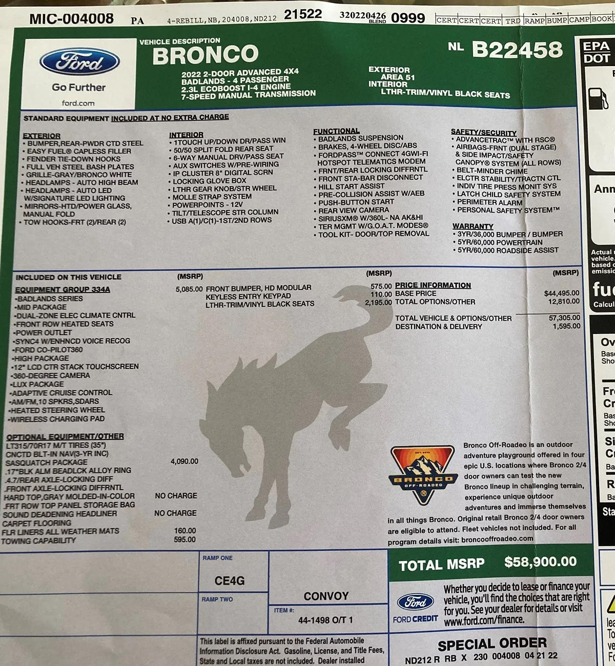 Ford Bronco 2022 2-Door Badlands Manual Sasquatch 16.5k miles $45,000 OBO 22 Bronco window sticker