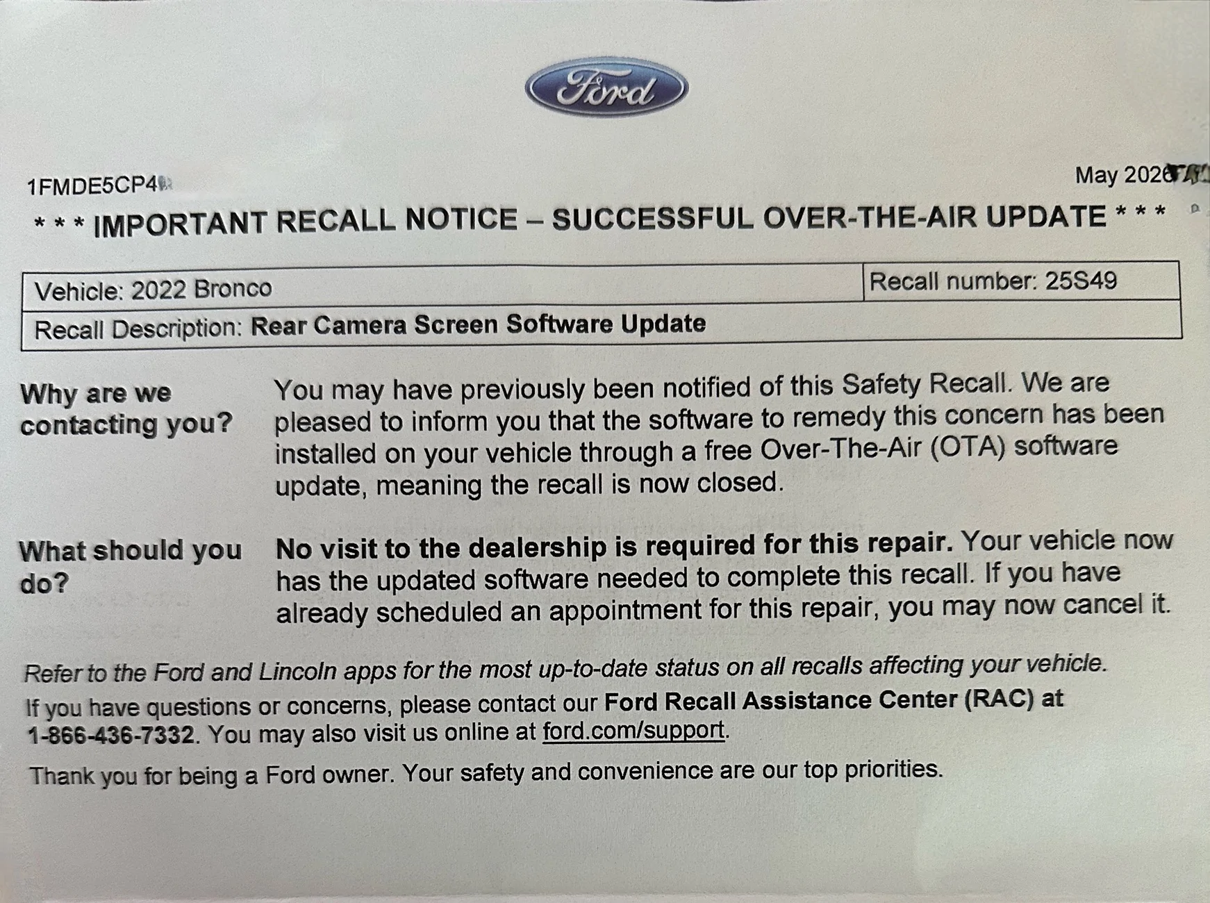 Ford Bronco Safety Recall 26S09 / 25V540 (Blank Screen) completed with OTA Update SYNC-26.2.4.11 IMG_9891