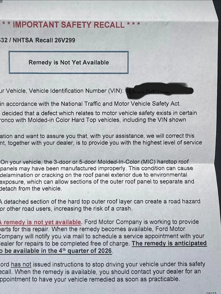 Ford Bronco Recall Notice on MIC top received IMG_3003