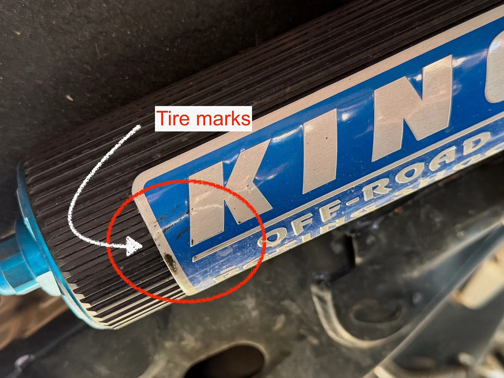 Ford Bronco King 2.5 Remote Reservoir Coilovers NOT compatible with Bronco SAS wheel off-set Reservoire tire marks from OEM wheels (Bruns)