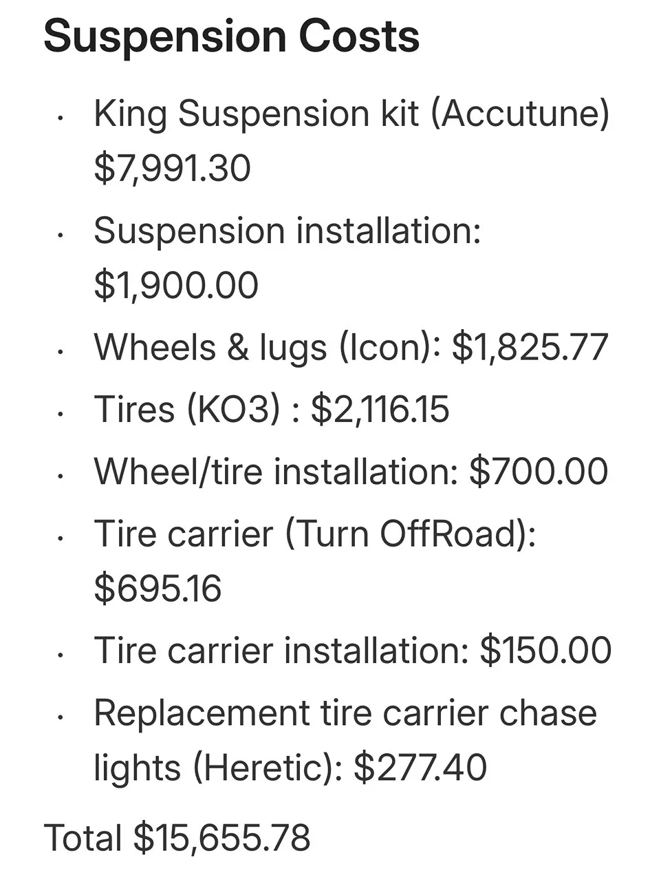 Ford Bronco King 2.5 Remote Reservoir Coilovers NOT compatible with Bronco SAS wheel off-set Itemization cost - based on OEM compatibility -  $15.6k (Bruns)