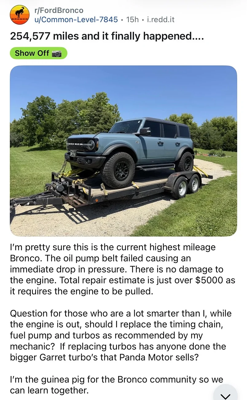 Ford Bronco 2.7 oil pump belt failed at 254,577 mi (Reddit post) IMG_4569