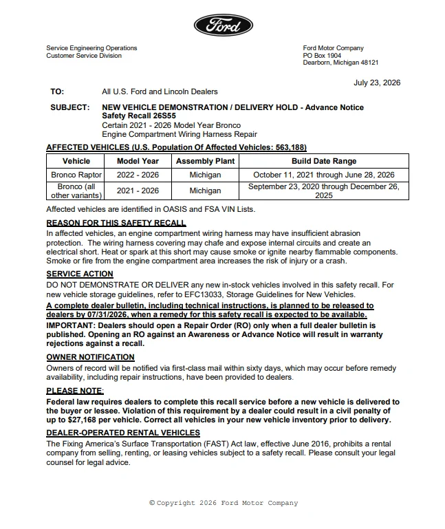 Ford Bronco Recall 26S55: 2021-2026 Bronco - Engine Compartment Wiring Harness Repair [July 23, 2026] 1784813109065-qs