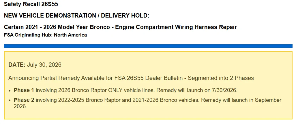 Ford Bronco Recall 26S55: 2021-2026 Bronco - Engine Compartment Wiring Harness Repair [July 23, 2026] -- 590,000k units affected 26S55_Banner
