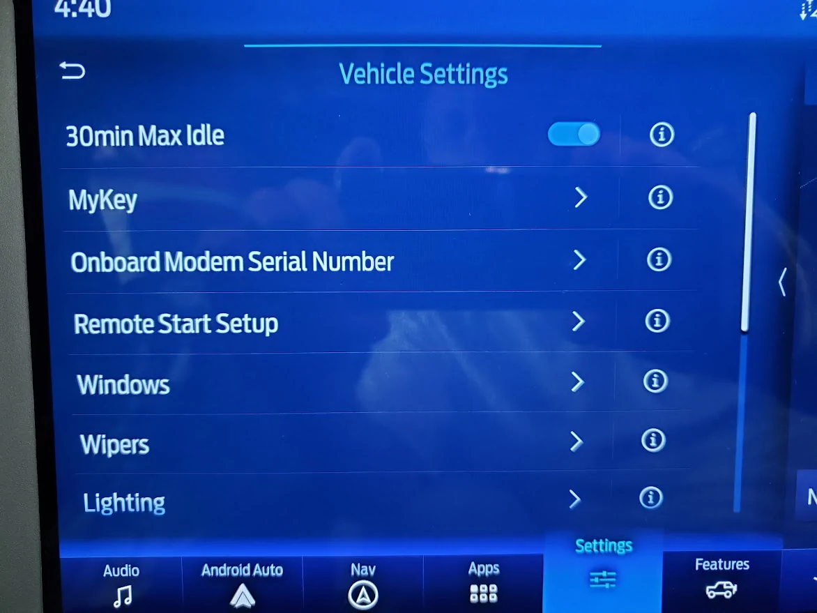 Ford Bronco Drive-in problem: extending or disabling the Accessory Mode shutdown ("system off to save battery") 1785530595855-kg