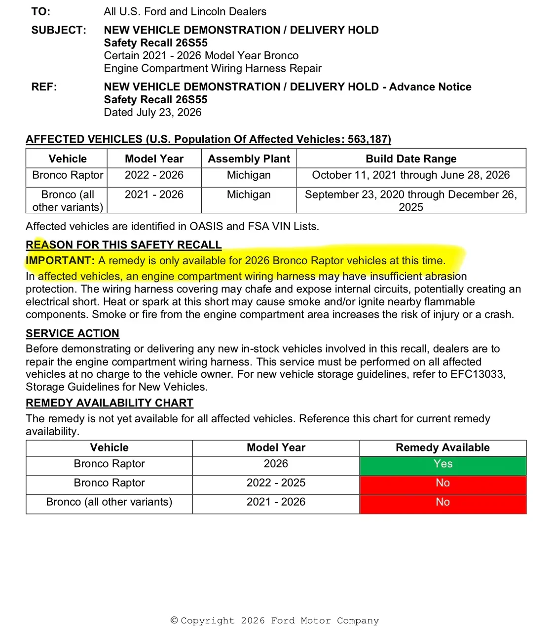 Ford Bronco Recall 26S55: 2021-2026 Bronco - Engine Compartment Wiring Harness Repair [July 23, 2026] -- 590,000k units affected 1786638997733-l1
