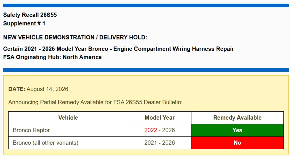 Ford Bronco Recall 26S55: 2021-2026 Bronco - Engine Compartment Wiring Harness Repair [July 23, 2026] -- 590,000k units affected 26S55_Sup1