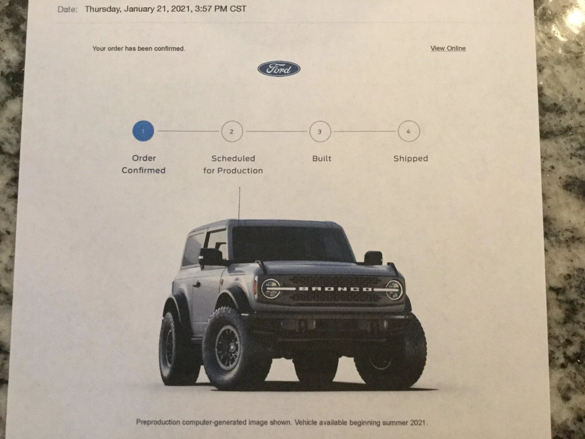 Ford Bronco ORDER CONFIRMATION EMAIL imag