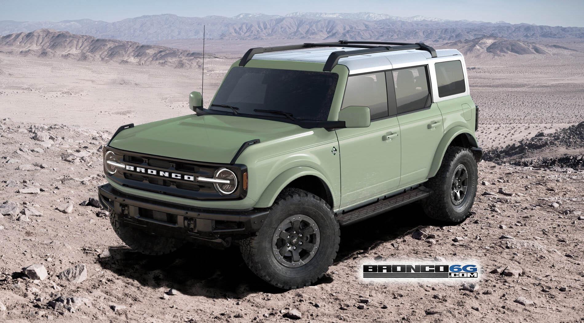 Rendering: 2022 Boxwood Green and Cactus Gray OBX with 33s + white tops +  shadow black tops | Bronco6G - 2021+ Ford Bronco & Bronco Raptor Forum,  News, Blog & Owners Community