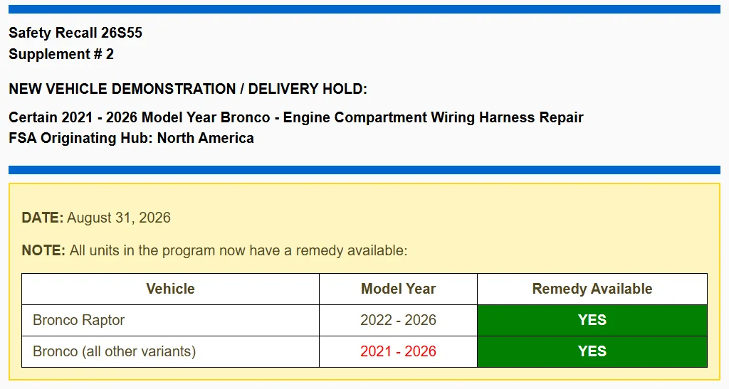 Ford Bronco Recall 26S55: 2021-2026 Bronco - Engine Compartment Wiring Harness Repair [July 23, 2026] -- 590,000k units affected 26S55_Sup2