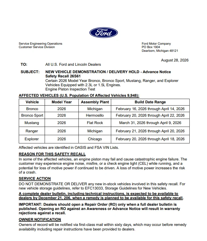 Ford Bronco Recall 26V548000 / 26S61 - Improperly manufactured engine pistons may fail and cause engine failure (Bronco 2.3L) 1788354339703-8s