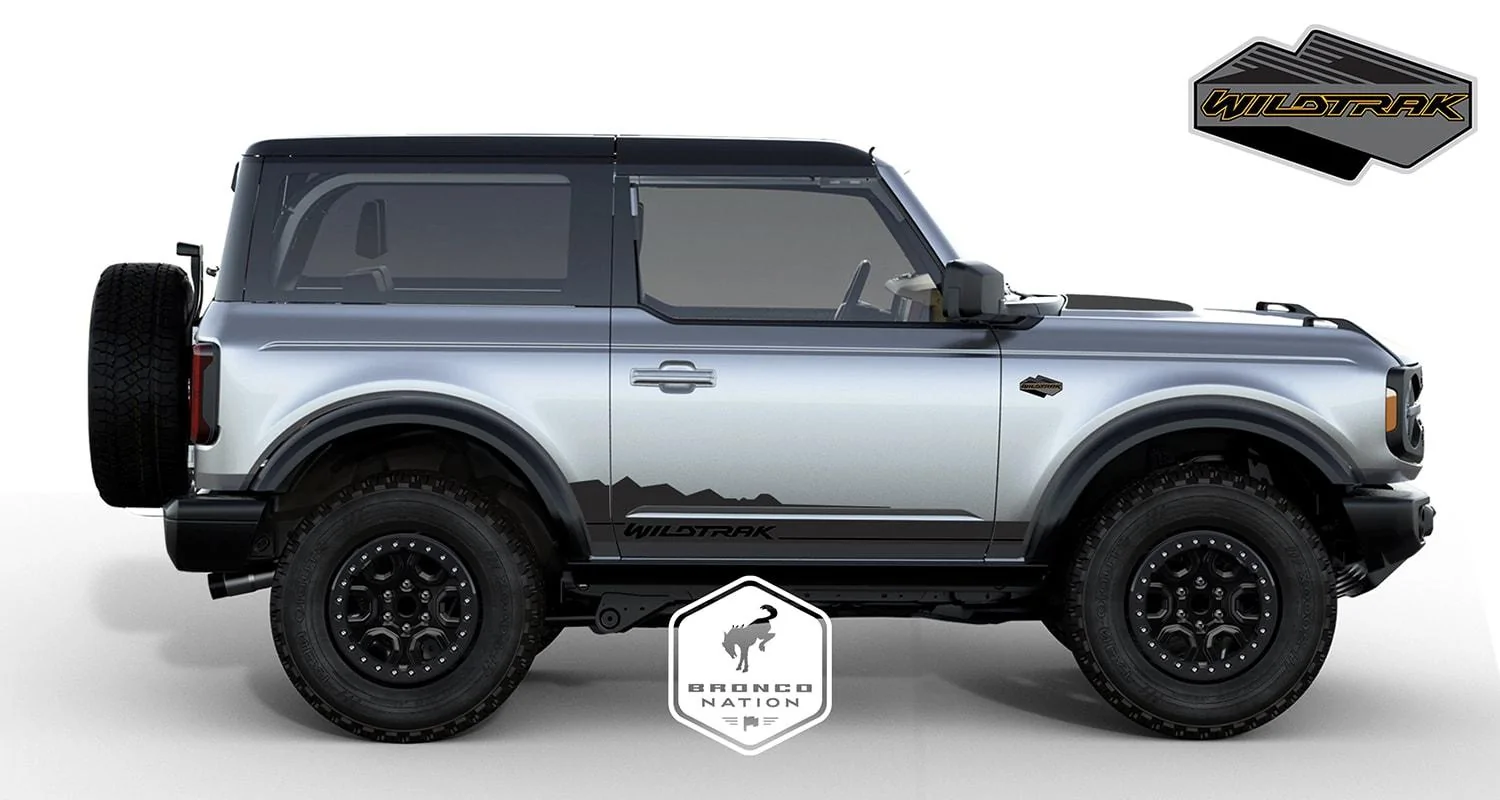 Ford Bronco Wildtrak Door & Hood Decals on Iconic Silver Bronco CGI 2021-Ford-Bronco-Wildtrak-Two-Door-Iconic-Silver-Graphics-Package-003