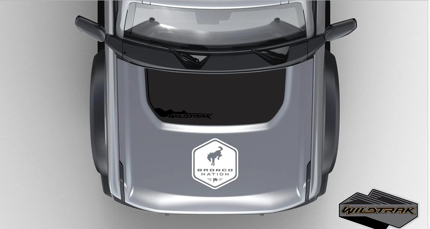 Ford Bronco Wildtrak Door & Hood Decals on Iconic Silver Bronco CGI 2021-Ford-Bronco-Wildtrak-Four-Door-Iconic-Silver-Graphics-Package-002