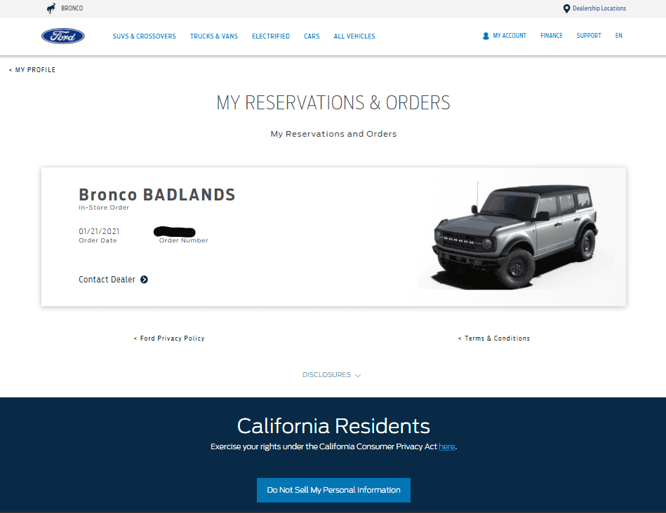 Ford Bronco Order Placed but still says reservation Bronco BADLANDS - Order