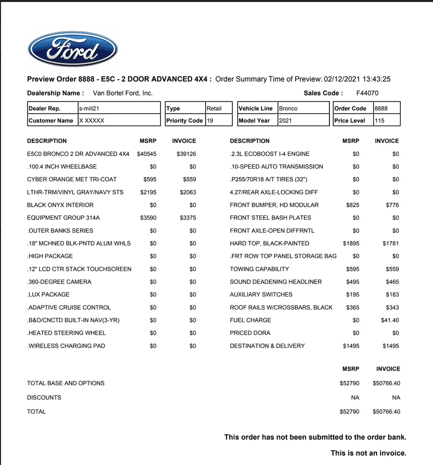 Ford Bronco 3 Sample Bronco Orders Showing MSRP vs Invoice 1613156714445