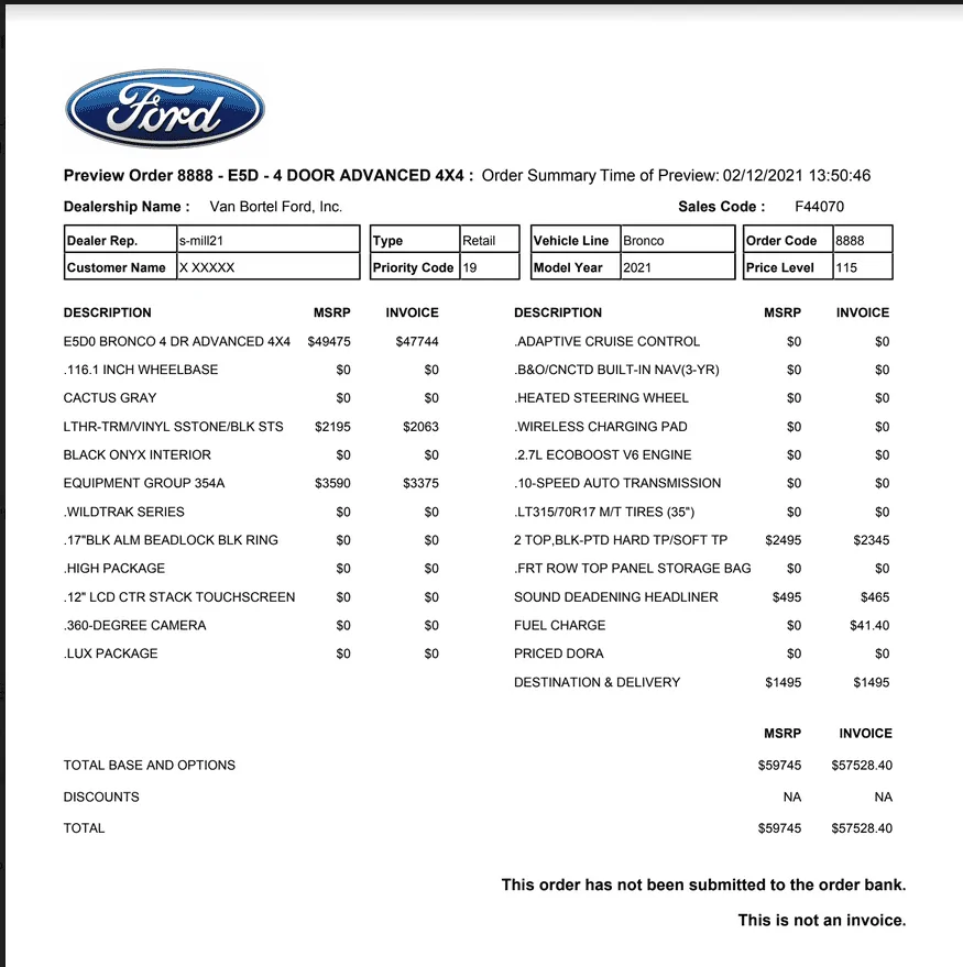 Ford Bronco 3 Sample Bronco Orders Showing MSRP vs Invoice 1613156765711