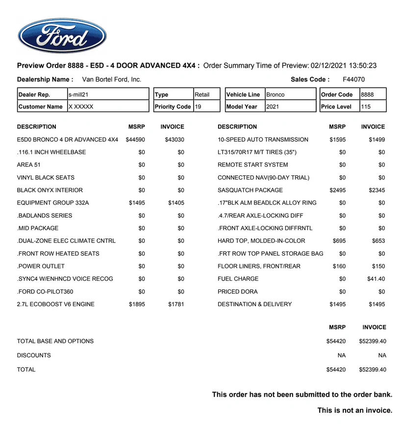 Ford Bronco 3 Sample Bronco Orders Showing MSRP vs Invoice 1613156860074