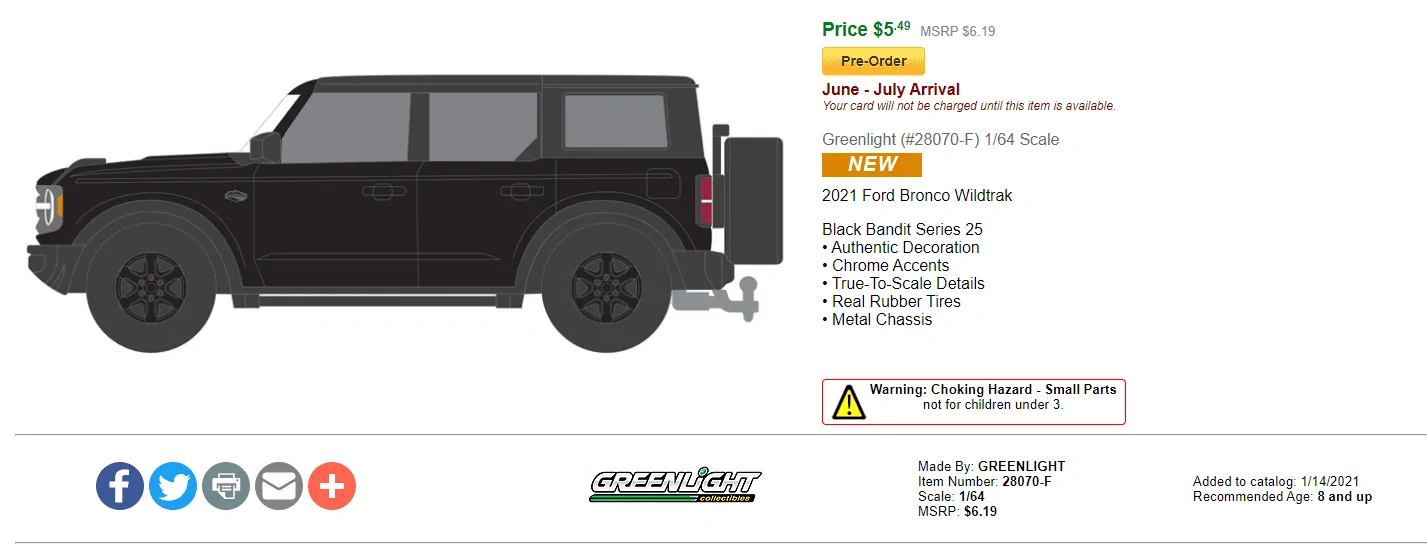 Ford Bronco Diecast 1/24 Bronco by Maisto available for pre-order 1613369791616