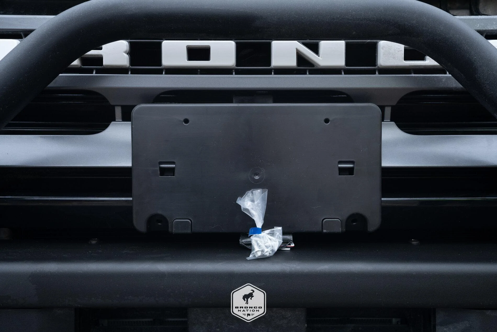 Ford Bronco Front license plate mount location closeup pic 1613656745485