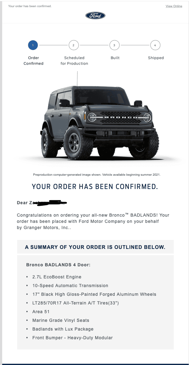 Ford Bronco Incorrect order info in Ford confirmation email Ford Confirmation Email Screen Shot
