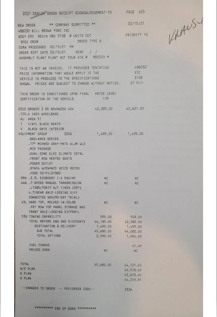 Ford Bronco Anyone else's order conformation email summary lacking options? DORAfixed