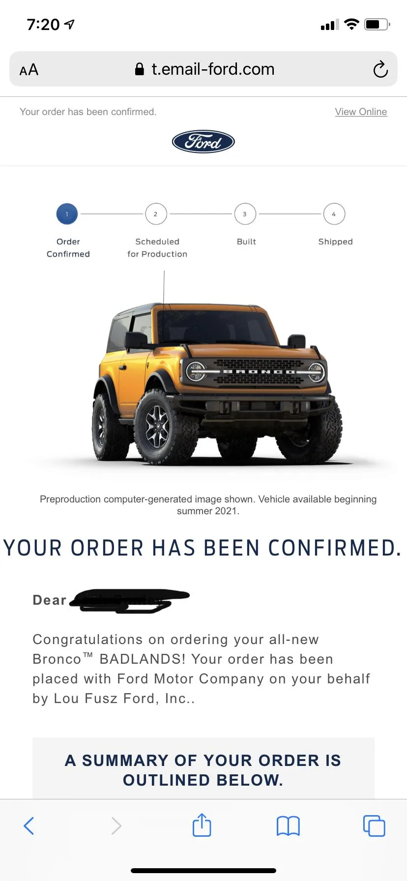 Ford Bronco Ford order confirmation email 78C6C76D-DBCF-484F-844B-BC177525934D