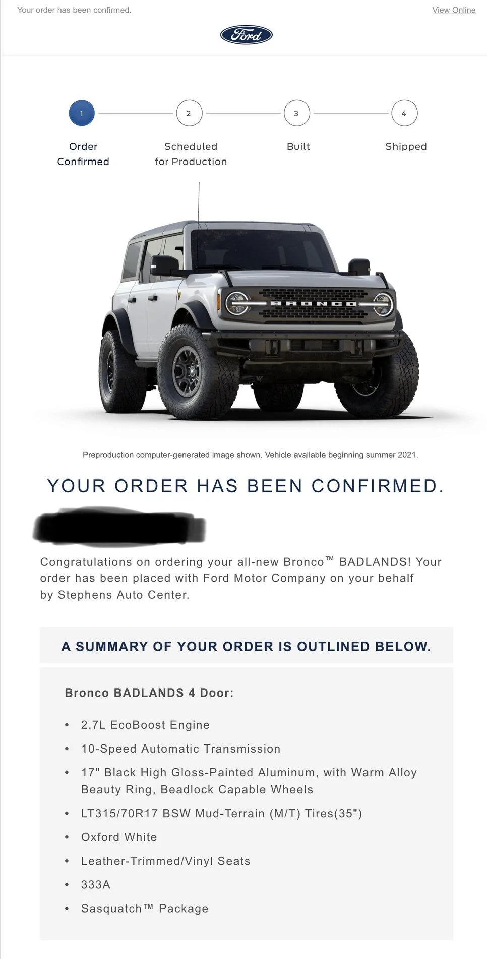 Ford Bronco Ford order confirmation email B69B355B-FFE1-46FB-964B-A3975A62BE5B