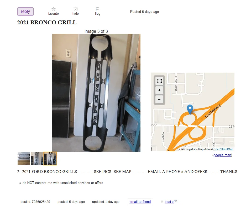 Ford Bronco Bronco grilles being sold on craigslist 1615439005164