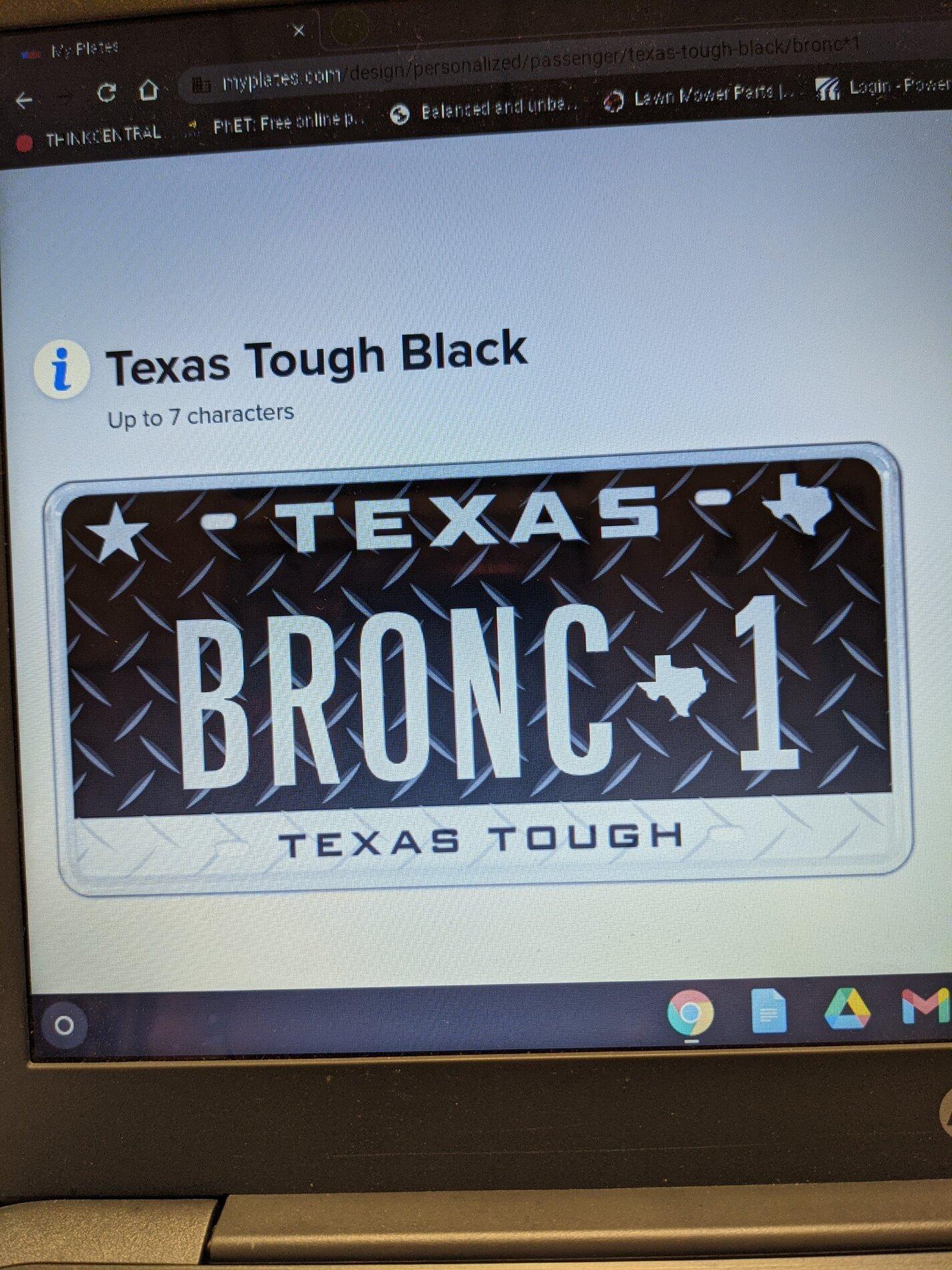 Ford Bronco Custom vanity license plate for Bronco? PXL_20210312_155345248