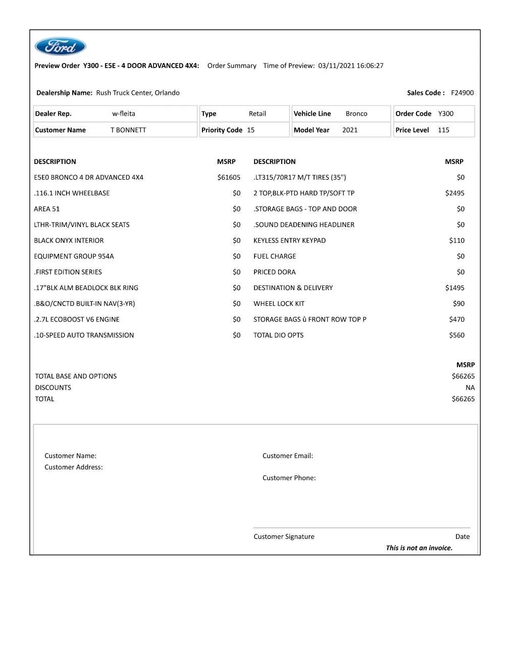 Ford Bronco First Edition Order Confirmations TRENT BRONCO_Build Sheet